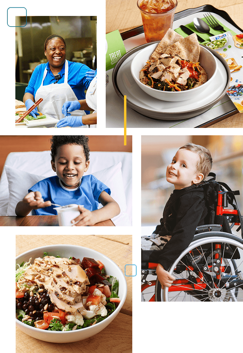 collage of hospital patients and food