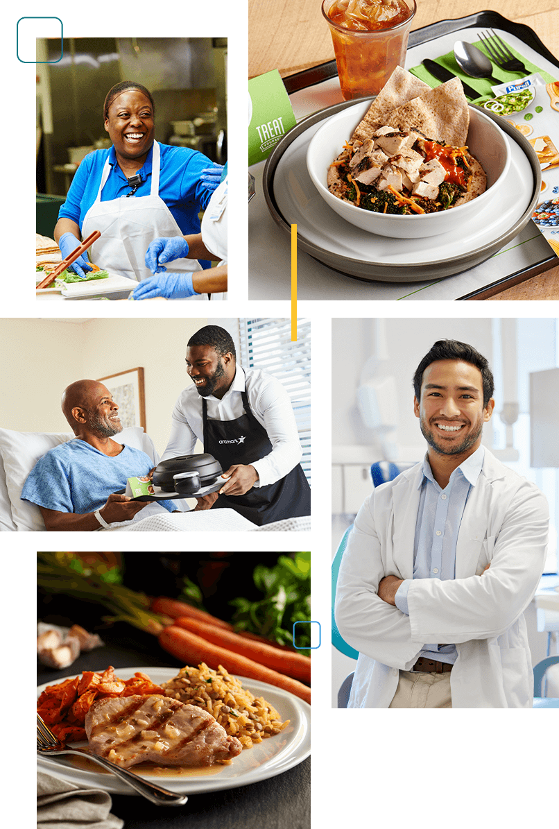 collage of hospital workers and food