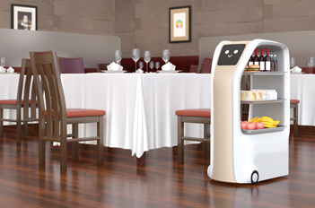 Tables with white cloths and robotic food cart